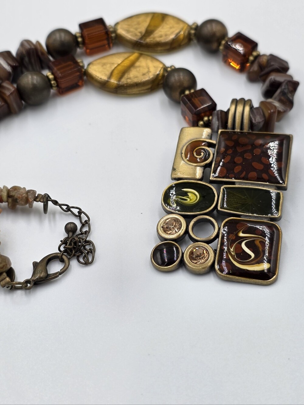 Premier Designs Mixed Metal and Brown Bead Pendant Necklace Earth Tone Statement
